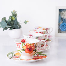 Load image into Gallery viewer, Fine Porcelain Eileen's Summer Time Teacup and Saucer, Set of 4