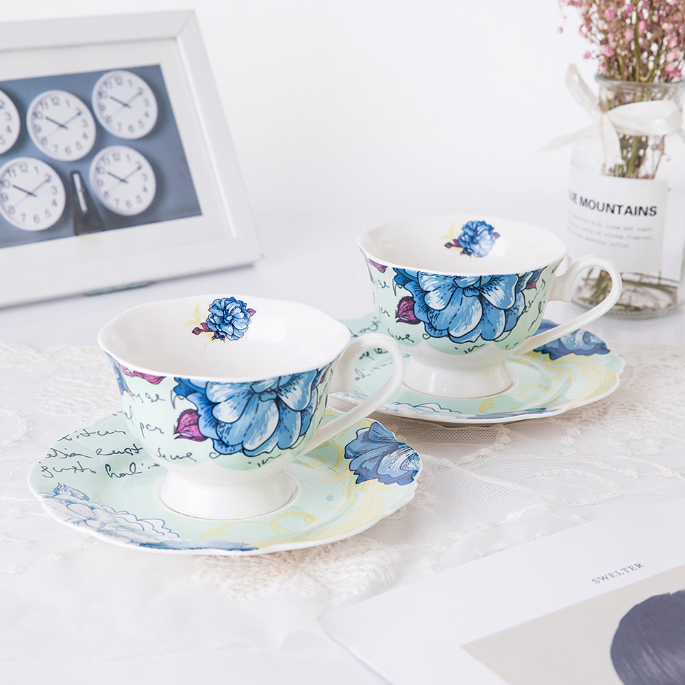 PULCHRITUDIE Fine China 4-Piece Tea Cup and Saucer Set, Blue Peony, Set of