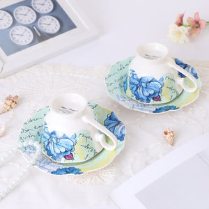 PULCHRITUDIE Fine China 4-Piece Tea Cup and Saucer Set, Blue Peony, Set of 2