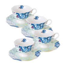 Load image into Gallery viewer, Teacups and Saucers Sets, Set of 4, Blue Peony Floral, Eileen&#39;s Reserve New Bone China Porcelain