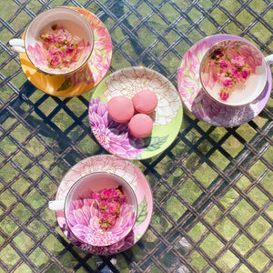 Pulchritudie Fine Bone China Teacup and Saucer Set, English Teasets, Floral Design with Golden Rim, Set of Four