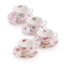 Load image into Gallery viewer, PULCHRITUDIE Teacup and Saucer Set Fine China Pink Floral Collection, Set of Four