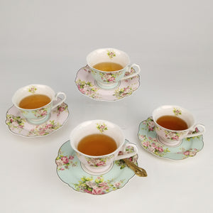 Pulchritudie Fine China Tea Cup and Saucer Set, Pink Green Azalea, Golden Rim, Set of Four