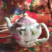 Load image into Gallery viewer, Pulchritudie Bone China Teapot, English Teaset, Dahlia Floral Design with Golden Rim, 37 Oz