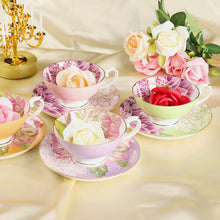 Load image into Gallery viewer, Pulchritudie Fine Bone China Teacup and Saucer Set, English Teasets, Floral Design with Golden Rim, Set of Four