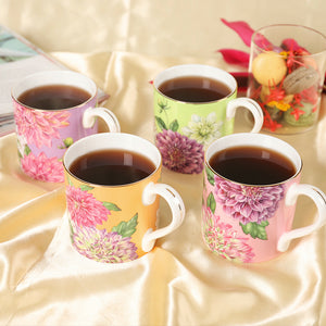 PULCHRITUDIE English Style Gold Rim Bone China Tea Mug Set, Set of Four