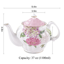 Load image into Gallery viewer, Pulchritudie Bone China Teapot, English Teaset, Dahlia Floral Design with Golden Rim, 37 Oz