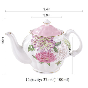 Pulchritudie Bone China Teapot, English Teaset, Dahlia Floral Design with Golden Rim, 37 Oz