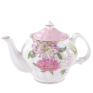 Pulchritudie Bone China Teapot, English Teaset, Dahlia Floral Design with Golden Rim, 37 Oz