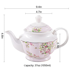 Pulchritudie Pink Azalea Porcelain English Teapot, Coffee Pot, Golden Rim, Light Weight, 37 Oz