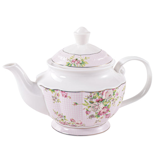 Pulchritudie Pink Azalea Porcelain English Teapot, Coffee Pot, Golden Rim, Light Weight, 37 Oz