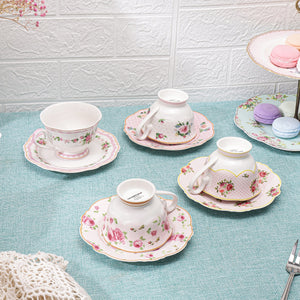 PULCHRITUDIE Teacup and Saucer Set Fine China Pink Floral Collection, Set of Four