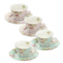 Load image into Gallery viewer, Pulchritudie Fine China Tea Cup and Saucer Set, Pink Green Azalea, Golden Rim, Set of Four