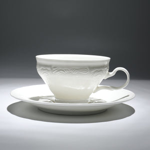 PULCHRITUDIE Fine China Milk White Teacup and Saucer Set, Sculpture Surface, Set of Four