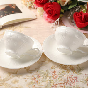 PULCHRITUDIE Fine China Milk White Teacup and Saucer Set, Sculpture Surface, Set of Four