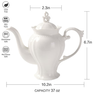 Fine Porcelain Ultra White English Teapot, Coffee Pot, Victoria Style, Light Weight, 34 Oz