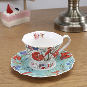 Fine Porcelain Teacup and Saucer Set, 7 Ounce, Red Lily Design, Set of 2