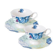 Load image into Gallery viewer, PULCHRITUDIE Fine China 4-Piece Tea Cup and Saucer Set, Blue Peony, Set of 2