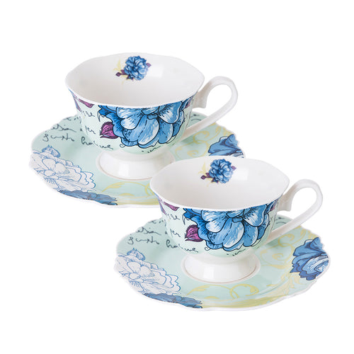 PULCHRITUDIE Fine China 4-Piece Tea Cup and Saucer Set, Blue Peony, Set of 2