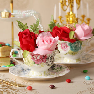 PULCHRITUDIE English Teacup and Saucer Set, Color Peony, Set of 2