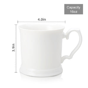 PULCHRITUDIE Fine Porcelain 16 Ounce White Coffee Mug, Set of Four